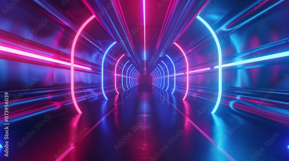 Poster the 3d rendering illustrates a curved tunnel with bright led lights and a reflection from a puddle o