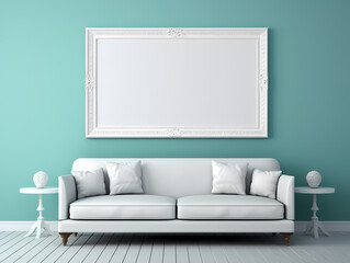 Elegant living room with white sofa, decorative side tables, and an ornate empty picture frame on a teal wall.