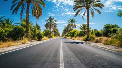 Rural Trunk Road Surrounded By Palm Trees And A Clear Blue Sky