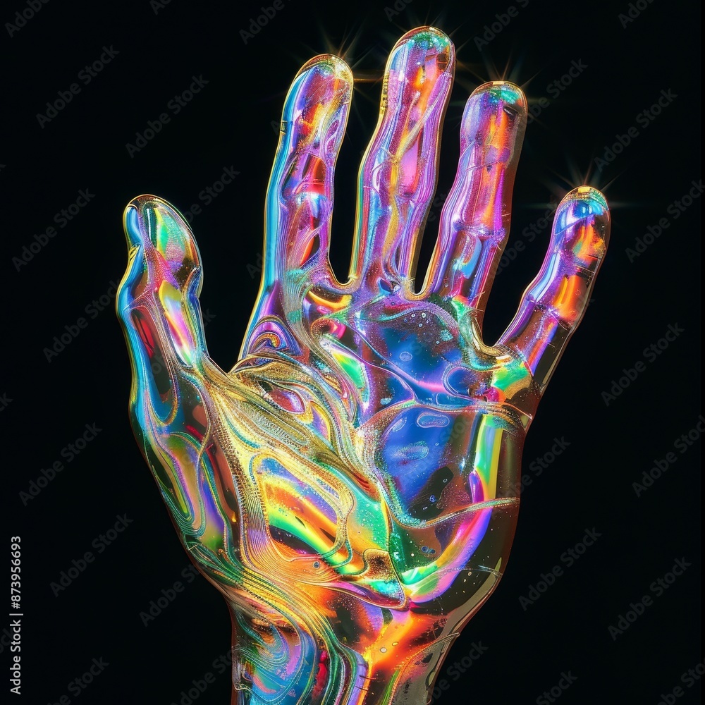 Poster 3d rendering concept of holographic abstract futuristic design with liquid metallic textures. hand g