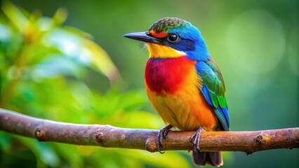 Obraz premium Close-up photo of a colorful little bird perched on a tree branch , wildlife, feathers, beak, avian, nature, cute, small