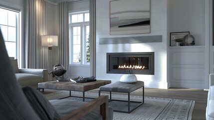 An elegant 3D rendering of a modern living room featuring a minimalist fireplace design, clean lines, and a neutral color palette for a sophisticated ambiance