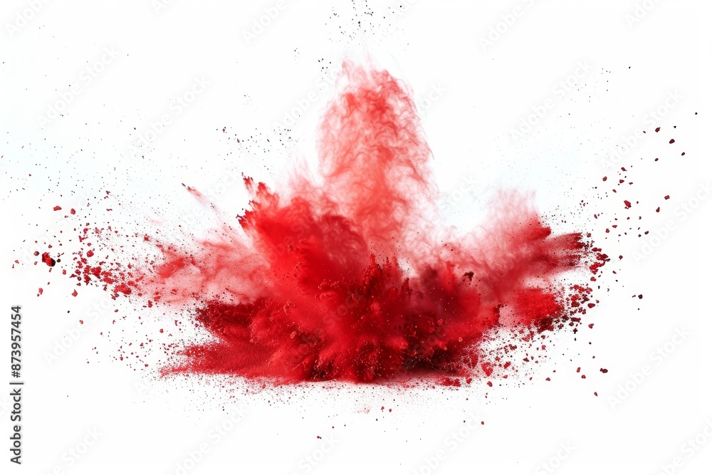 Poster an abstract powder splattered background, accompanied by a freeze motion of red powder exploding/thr