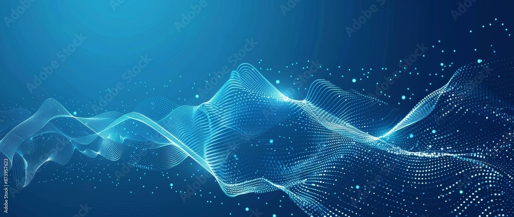 Poster on a black background, pixelated abstract illustration with connected lines and dots similar to a wa