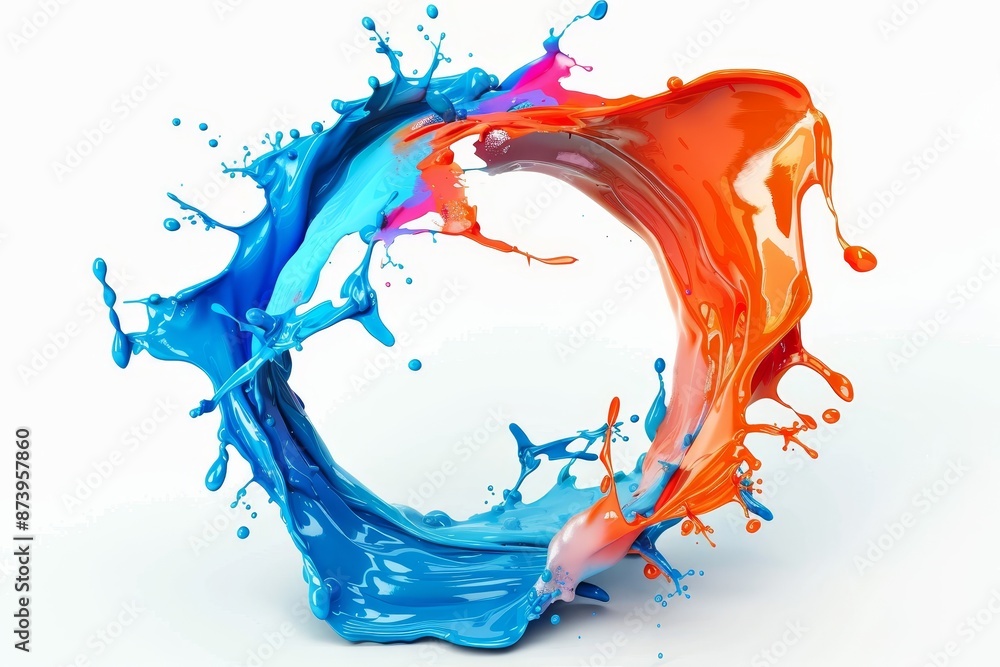 Poster a curved wave colored pattern with paint drops on a white background with a fluid motion flow explos