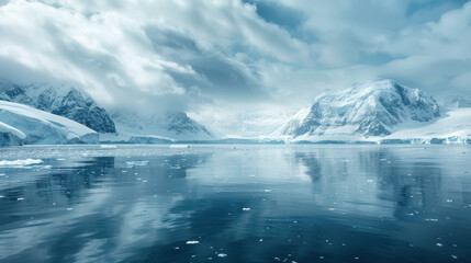 Fototapeta premium Vast Antarctic landscape with towering icebergs and reflective waters under a cloudy sky, emphasizing the pristine and serene environment of the polar region.