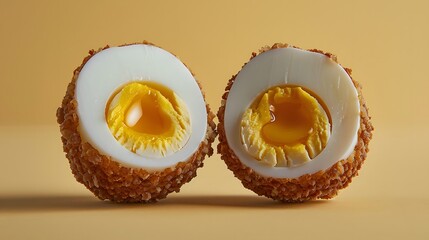  a Scotch egg cut in half, centered with sharp detail and a clean background.