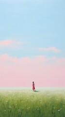 Fototapeta premium Girl walking nature grassland landscape.