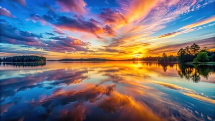 Fototapeta premium A tranquil sunset scene with colorful sky reflected over a calm lake, sunset, lake, reflection, water, evening, dusk, peaceful