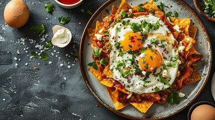  a plate of chilaquiles with fried eggs, centered with sharp detail and ample copy space.