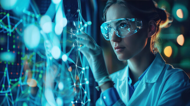 Scientist in a lab coat and safety goggles analyzing a high-tech digital interface with glowing graphs and data, representing innovation and technological advancement in scientific research