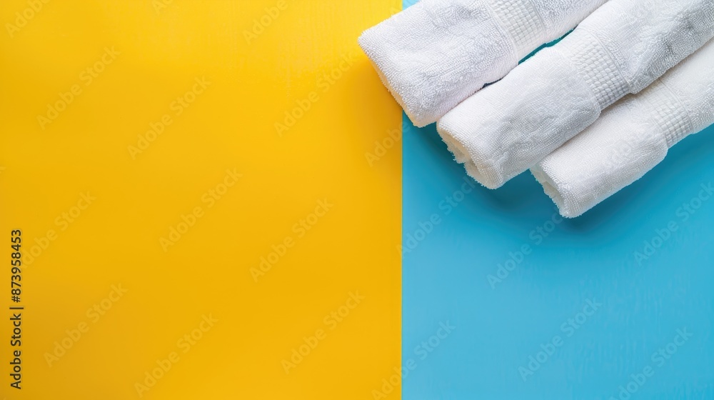 Aufkleber white towels from above on colored background with space for text