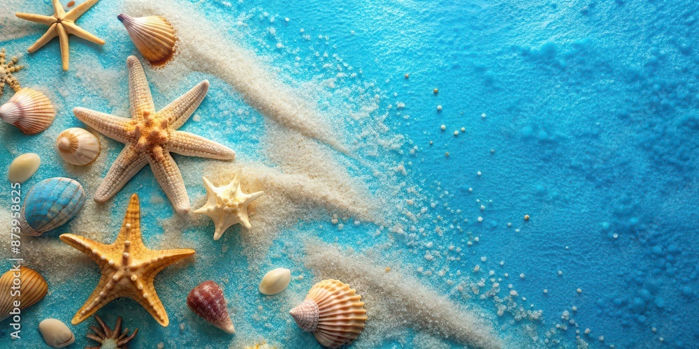 Canvas Prints Abstract blue background with seashells, starfish, and turquoise sand postcard, marine, theme, abstract, blue, seashells