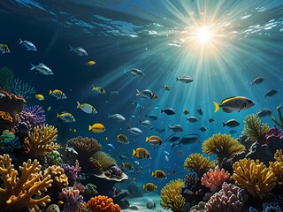 Naklejka premium Vibrant coral reefs teeming with colorful fish create a breathtaking underwater world