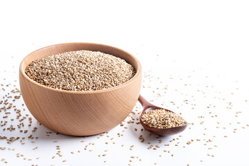 Rolled oats, healthy breakfast cereal oat flakes in bowl isolated on white background. Copy space