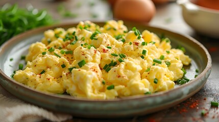  a plate of scrambled eggs with chives, centered with sharp detail and a beautiful setting. 