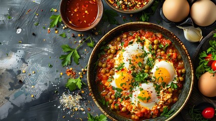 A healthy pan dish of fried eggs with colorful vegetables for a quick lunch