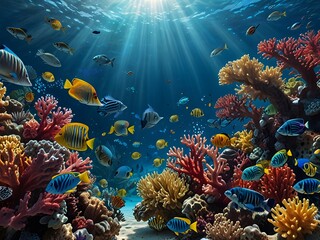 Naklejka premium Vibrant coral reefs teeming with colorful fish create a breathtaking underwater world