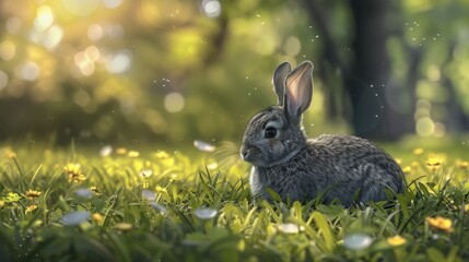 Resting gray bunny in a park