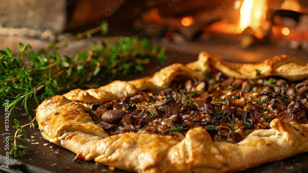 Poster a savory galette made with a wild mushroom and herb filling baked to perfection in a woodfired oven.