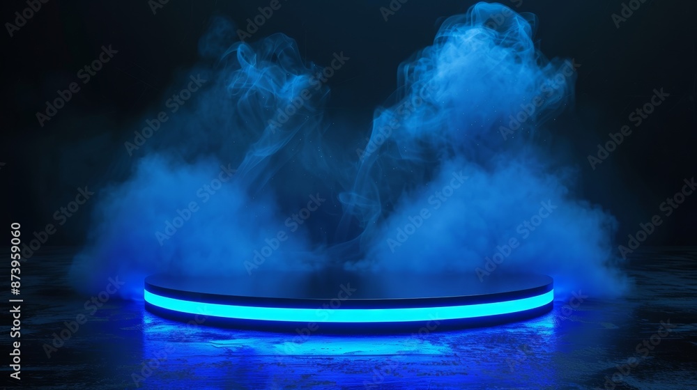 Poster 3d rendering of a sci fi mech pedestal with glowing led lights and grungy dark fog and cloud backgro