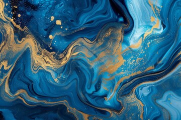 Hand-painted background with blue and gold liquid paint. Modern abstract art. Marbled blue abstract background. Liquid marble pattern.