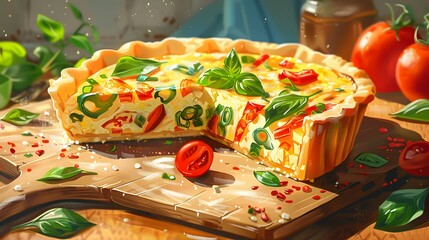 a delicious quiche slice with vegetables, centered with sharp detail and a vibrant backdrop. 