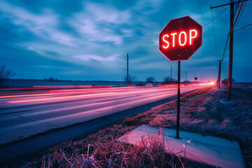 Neon stop sign, obeying by traffic regulations, lit during a dark night, indicating to all vehicles to stop and to yield to other cars