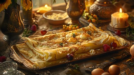a savory crepe filled with eggs and cheese, centered with sharp detail and a beautiful setting