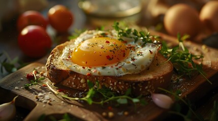  an egg-in-a-hole toast, centered with sharp detail and a beautiful setting.