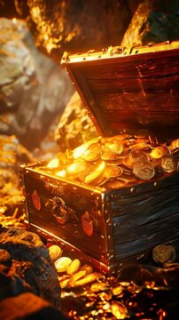 An old wooden treasure chest with gold coins in a hidden cave