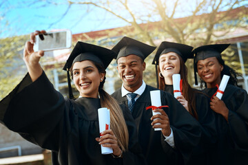 Happy people, students and graduation with selfie for memory, photography or picture at university....