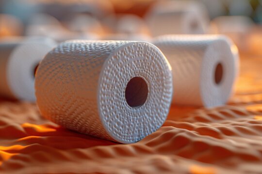 Toilet paper rolls displayed on a orange background. Generative Ai