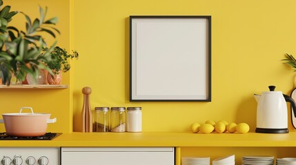 Minimalist white poster frame on table against warm yellow wall, enhanced by small vases of plants for added vitality.