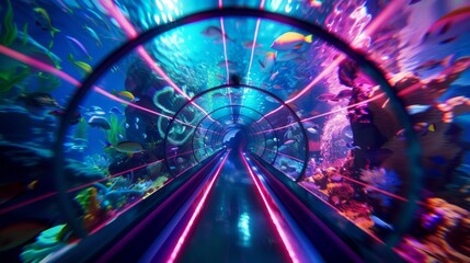 First-Person View of an Underwater Tunnel Filled with Colorful Fish and Vibrant Marine Life