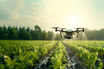 photo of drone in agriculture, drone spraying water.
