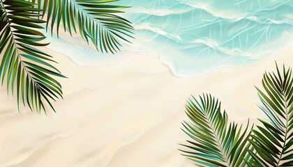Beautiful Tropical Beach Background with Palm Leaves and Sand 