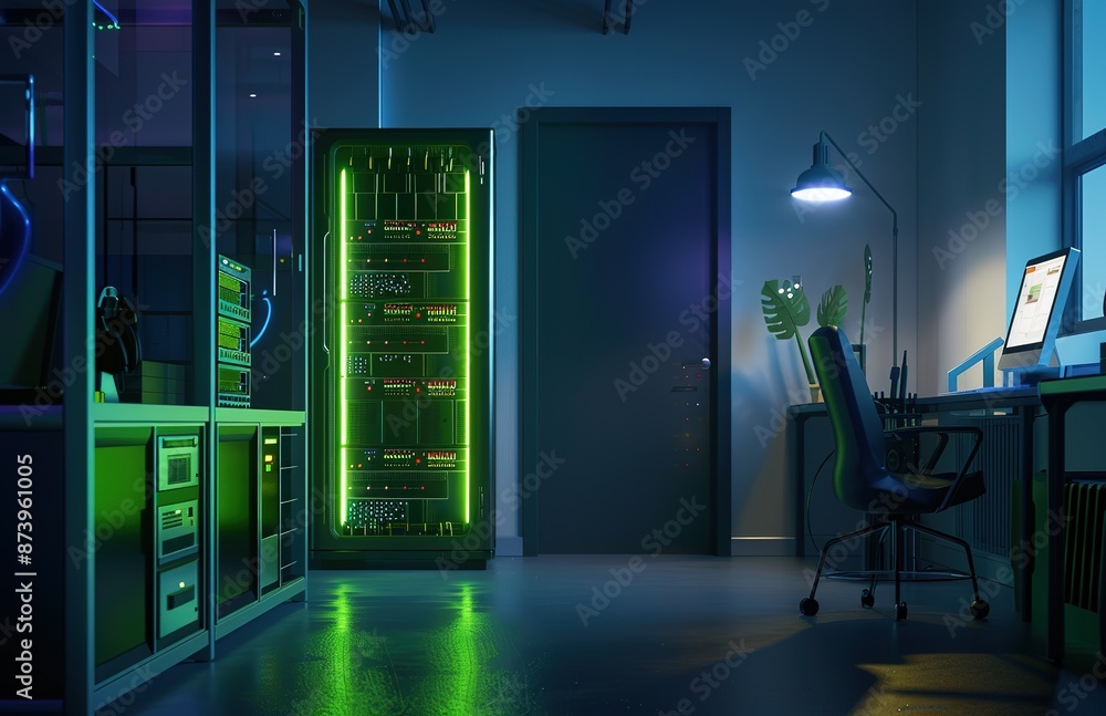Poster modern server room in a data center with laptop for network management and monitoring