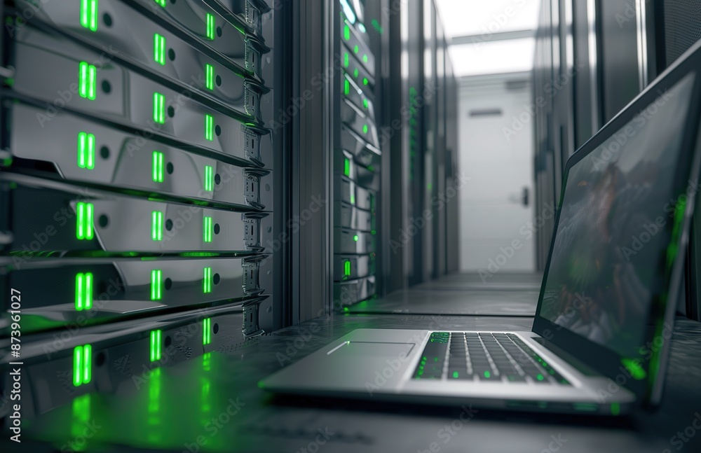 Poster modern server room in a data center with laptop for network management and monitoring