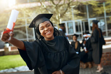 Graduation, portrait and black woman with yes at university, certificate or degree in Nigeria....