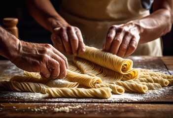 artisanal pasta hands rolling dough homemade noodles, crafting, making, handmade, fresh, process, production, techniques, preparation, shaping, skills, methods
