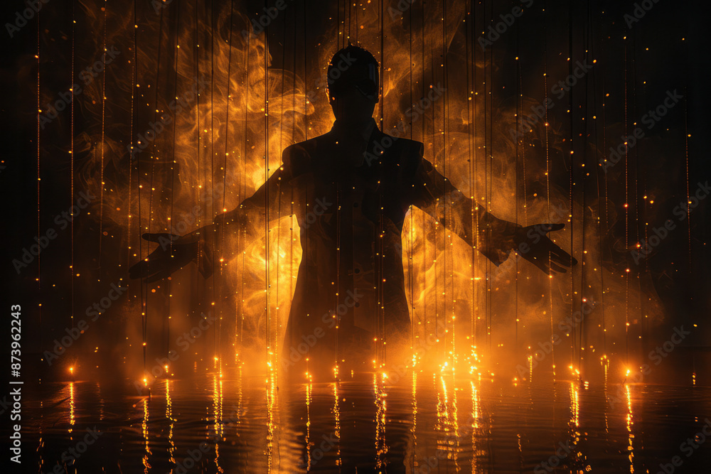 Poster close-up of an abstract silhouette controlling a puppet, with the strings forming intricate patterns