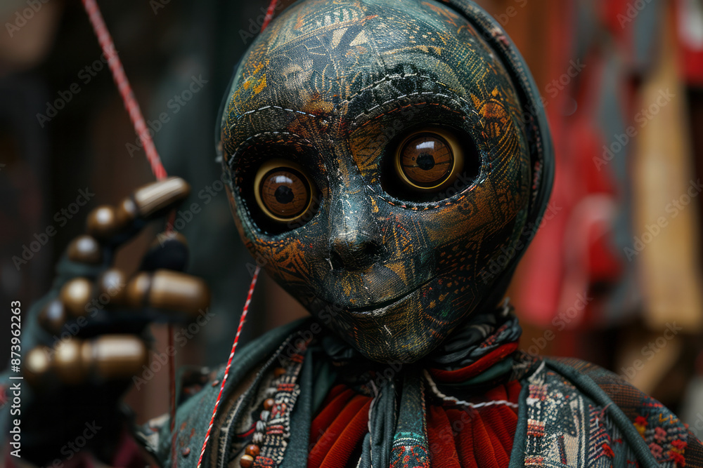 Poster detailed shot of a puppet with fluid, abstract lines representing the strings, controlled by an unse