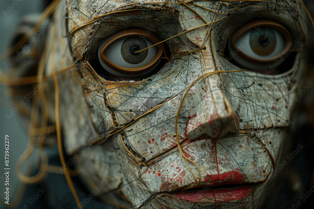 Poster detailed shot of a puppet with fluid, abstract lines representing the strings, controlled by an unse