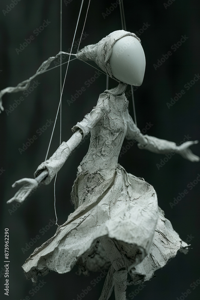 Poster close-up of an abstract figure with strings extending from their hands, guiding a puppet in an elega