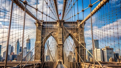 Fototapeta premium Close-up of intricate cables on Brooklyn Bridge, Brooklyn Bridge, New York City, suspension bridge, engineering
