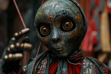 Obraz premium Detailed shot of a puppet with fluid, abstract lines representing the strings, controlled by an unseen figure,