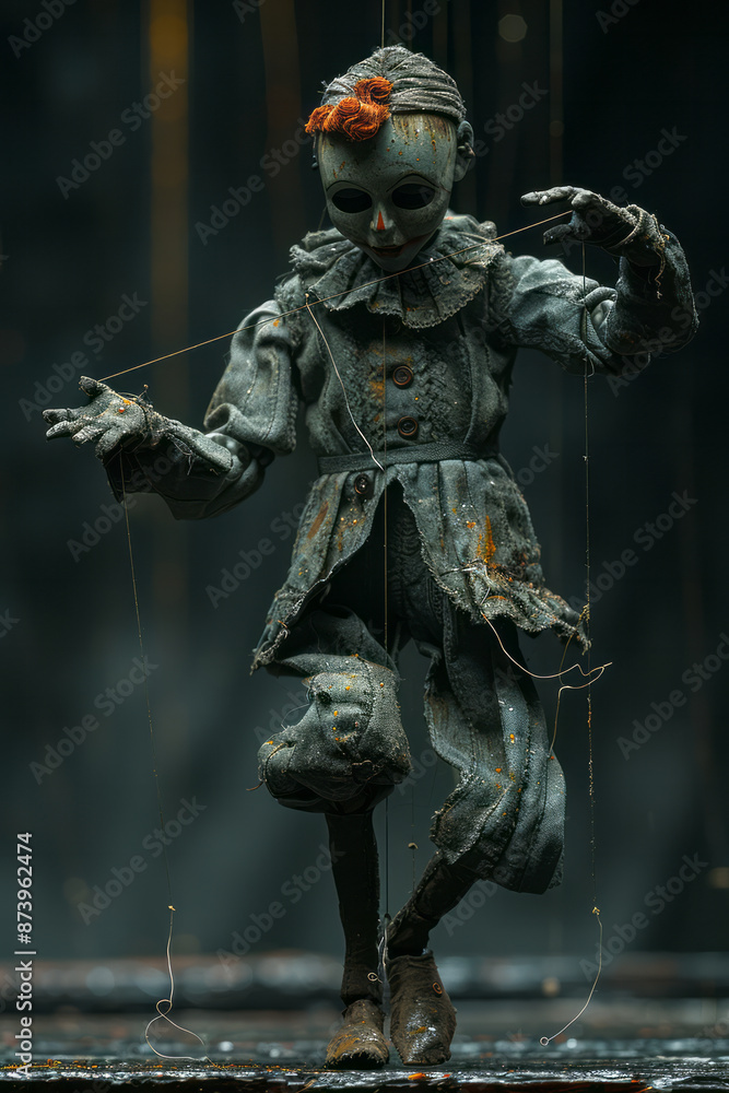 Poster detailed image of a puppet dancing, guided by abstract hands holding the strings, creating a sense o