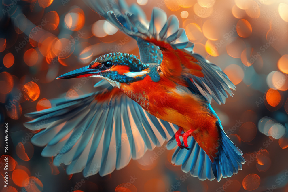 Poster detailed view of an abstract bird made of geometric shapes and vibrant colors, soaring from an open 