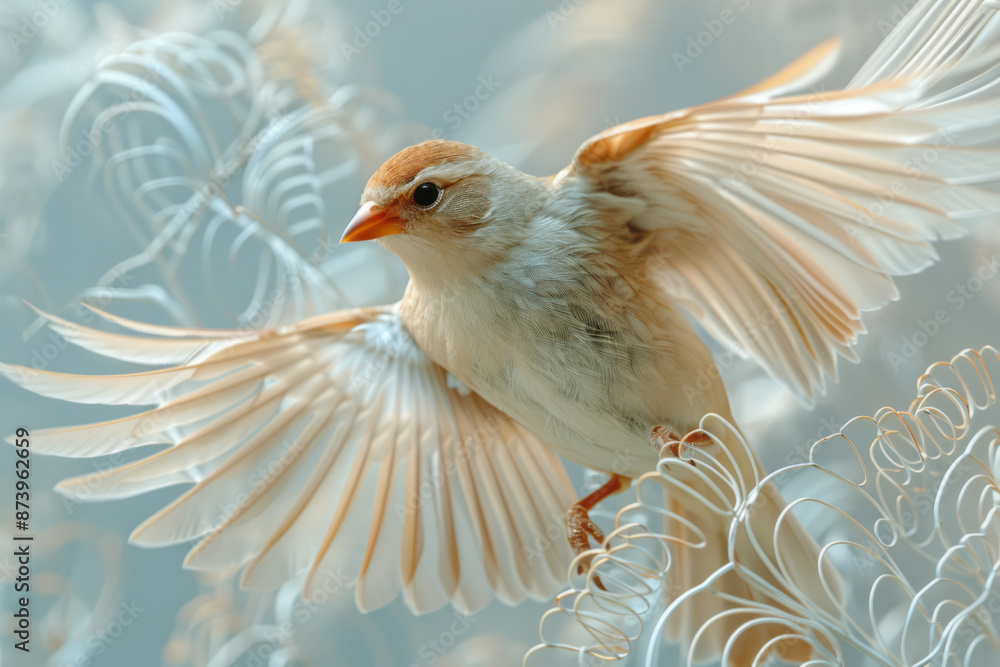 Poster detailed image of a bird in mid-flight, with abstract lines and shapes emanating from its wings, an 